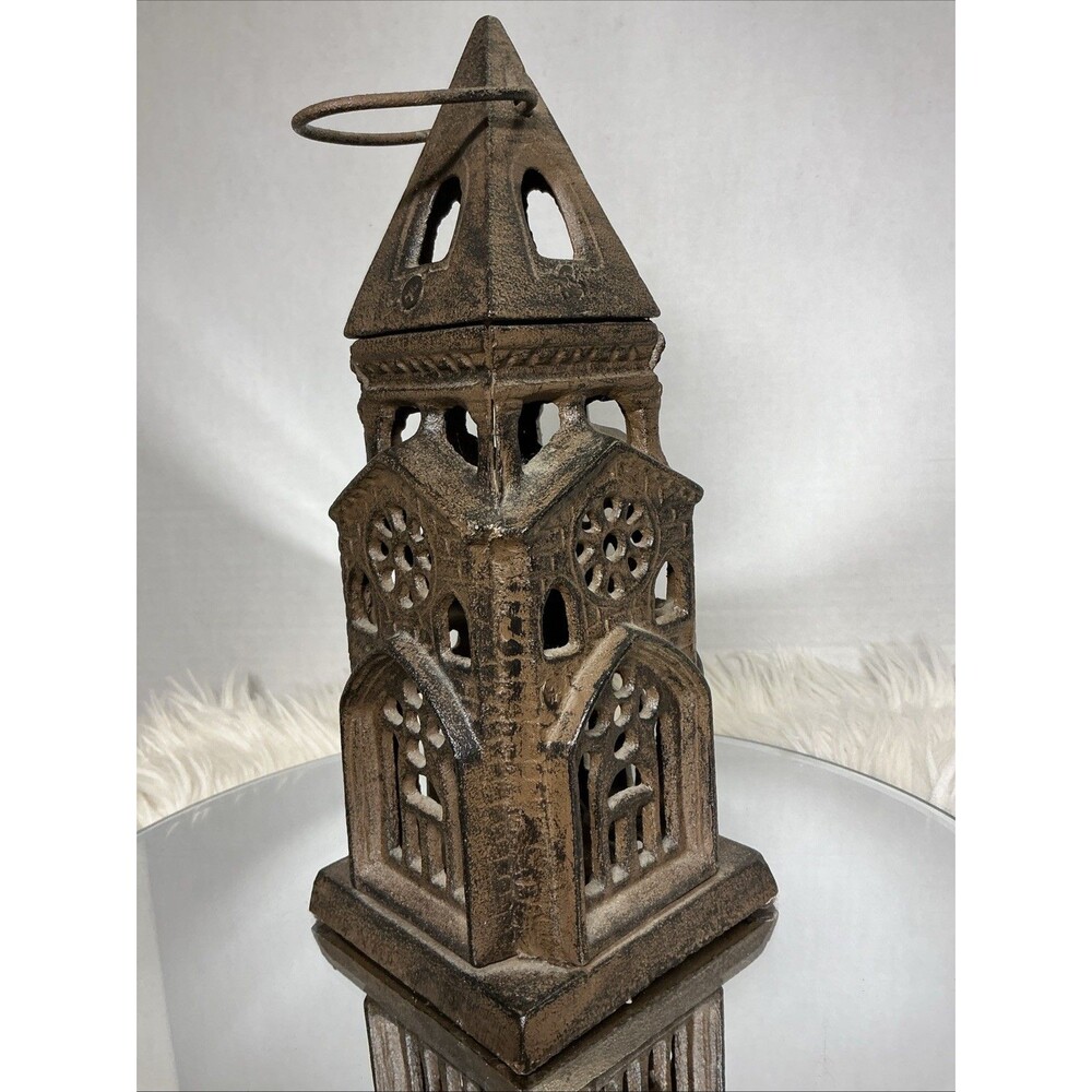 VTG Cathedral Church Tower Cast Iron Candle Holder Hanging Lantern 10.5”